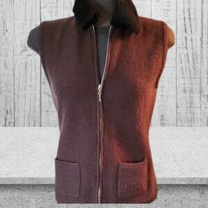 Brown Wool Sleeveless Jacket with Black Collar